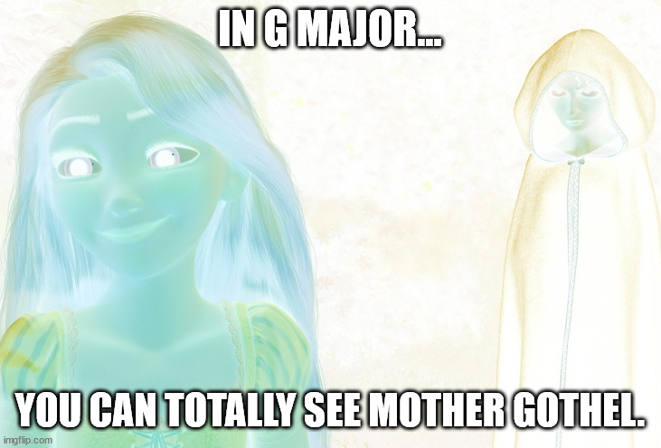 Rapunzel looking happy while Mother Gothel stands behind her | IN G MAJOR... YOU CAN TOTALLY SEE MOTHER GOTHEL. | image tagged in rapunzel looking happy while mother gothel stands behind her | made w/ Imgflip meme maker