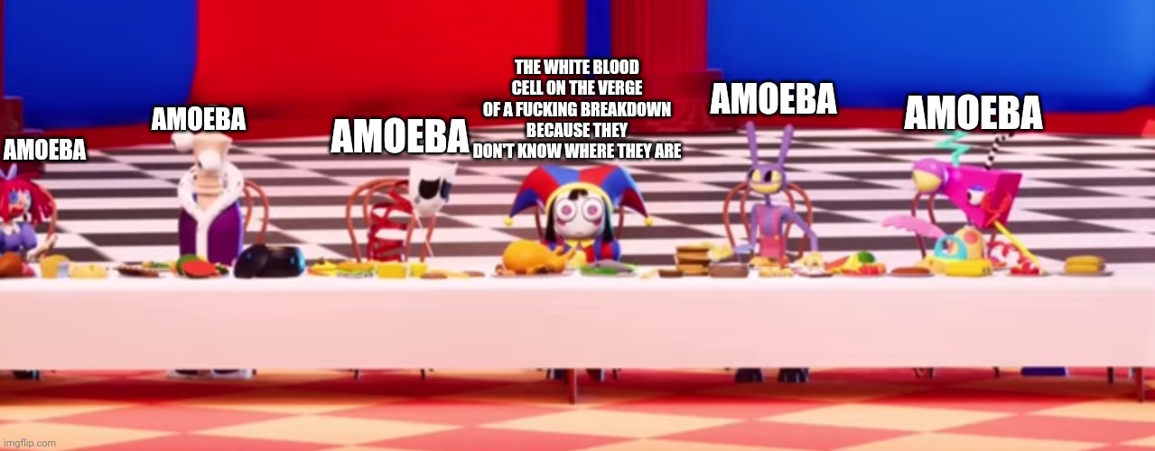 AMOEBA AMOEBA AMOEBA AMOEBA AMOEBA THE WHITE BLOOD CELL ON THE VERGE OF A FUCKING BREAKDOWN BECAUSE THEY DON'T KNOW WHERE THEY ARE | made w/ Imgflip meme maker