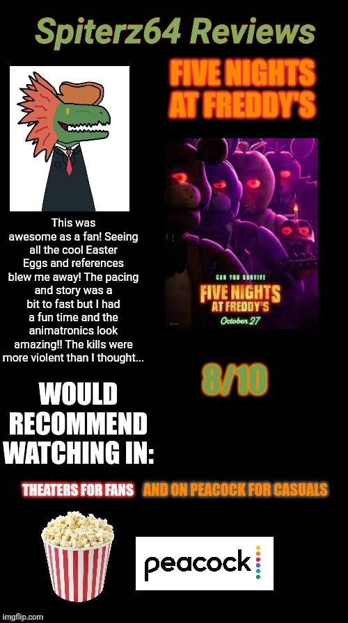 No spoilers! | FIVE NIGHTS AT FREDDY'S; This was awesome as a fan! Seeing all the cool Easter Eggs and references blew me away! The pacing and story was a bit to fast but I had a fun time and the animatronics look amazing!! The kills were more violent than I thought... 8/10; THEATERS FOR FANS; AND ON PEACOCK FOR CASUALS | image tagged in five nights at freddys,fnaf,fnaf movie,review | made w/ Imgflip meme maker