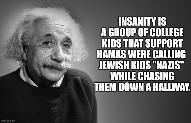 albert einstein quotes | INSANITY IS A GROUP OF COLLEGE KIDS THAT SUPPORT HAMAS WERE CALLING 
JEWISH KIDS "NAZIS" 
WHILE CHASING THEM DOWN A HALLWAY. | image tagged in albert einstein quotes | made w/ Imgflip meme maker
