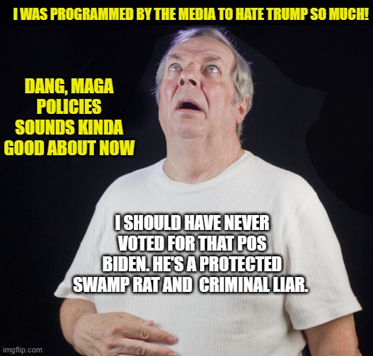 Political Regret | I WAS PROGRAMMED BY THE MEDIA TO HATE TRUMP SO MUCH! DANG, MAGA POLICIES SOUNDS KINDA GOOD ABOUT NOW; I SHOULD HAVE NEVER VOTED FOR THAT POS BIDEN. HE'S A PROTECTED SWAMP RAT AND  CRIMINAL LIAR. | image tagged in deep thoughts,joe biden,democrats,liberals,woke,biased media | made w/ Imgflip meme maker