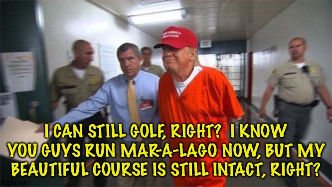 We all expected that if Trump went to prison it would be a country-club joint.  Maybe even his own. | I CAN STILL GOLF, RIGHT?  I KNOW YOU GUYS RUN MAR-A-LAGO NOW, BUT MY BEAUTIFUL COURSE IS STILL INTACT, RIGHT? | image tagged in trump prison | made w/ Imgflip meme maker
