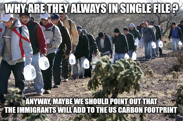 Illegal immigrants crossing border | WHY ARE THEY ALWAYS IN SINGLE FILE ? ANYWAY, MAYBE WE SHOULD POINT OUT THAT THE IMMIGRANTS WILL ADD TO THE US CARBON FOOTPRINT | image tagged in illegal immigrants crossing border | made w/ Imgflip meme maker