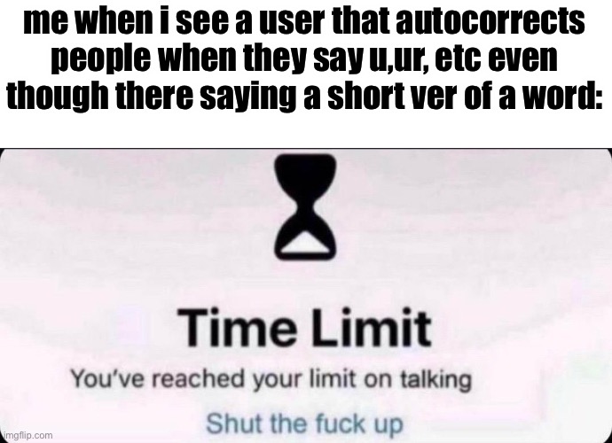 THERE SO GOD DAMN ANNOYING | me when i see a user that autocorrects people when they say u,ur, etc even though there saying a short ver of a word: | image tagged in time limit | made w/ Imgflip meme maker