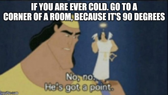 no no hes got a point | IF YOU ARE EVER COLD. GO TO A CORNER OF A ROOM, BECAUSE IT'S 90 DEGREES | image tagged in no no hes got a point | made w/ Imgflip meme maker
