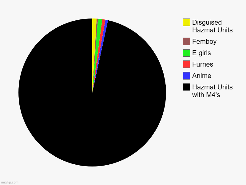 Hazmat Units with M4's, Anime, Furries, E girls, Femboy, Disguised Hazmat Units | image tagged in charts,pie charts | made w/ Imgflip chart maker