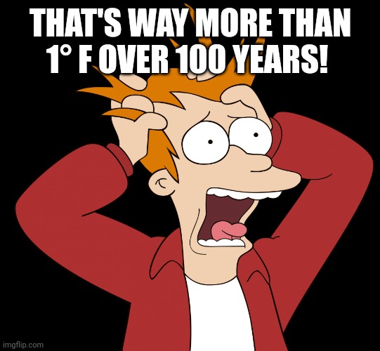 Futurama Fry Screaming | THAT'S WAY MORE THAN 1° F OVER 100 YEARS! | image tagged in futurama fry screaming | made w/ Imgflip meme maker