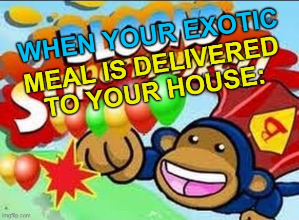 Excitement can never be contained | WHEN YOUR EXOTIC; MEAL IS DELIVERED
TO YOUR HOUSE: | image tagged in funny,bloons,ninja kiwi,food | made w/ Imgflip meme maker