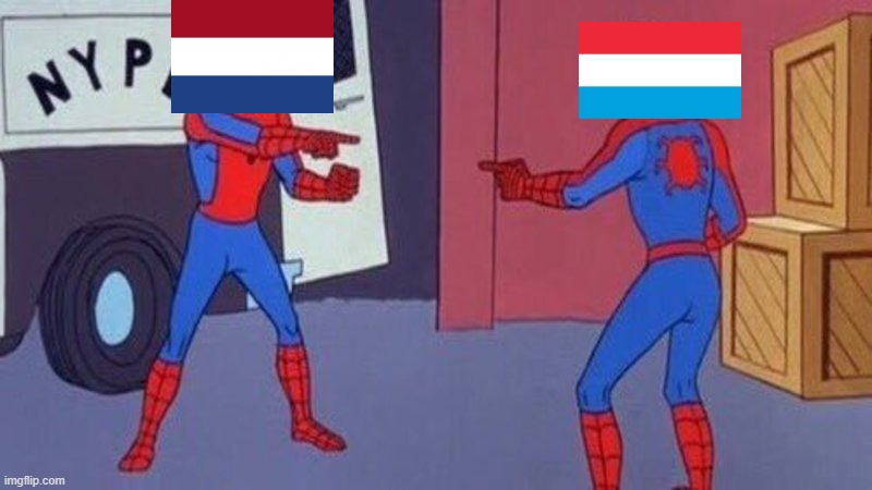 The flags are similar tho | image tagged in spiderman pointing at spiderman,netherlands,luxembourg,flags | made w/ Imgflip meme maker
