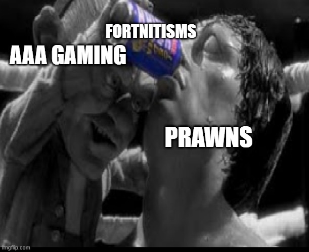 Triple AAA gaming in a nutshell | FORTNITISMS; AAA GAMING; PRAWNS | image tagged in fortnite sucks | made w/ Imgflip meme maker