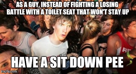 Sudden Clarity Clarence Meme | AS A GUY, INSTEAD OF FIGHTING A LOSING BATTLE WITH A TOILET SEAT THAT WON'T STAY UP HAVE A SIT DOWN PEE | image tagged in memes,sudden clarity clarence,AdviceAnimals | made w/ Imgflip meme maker