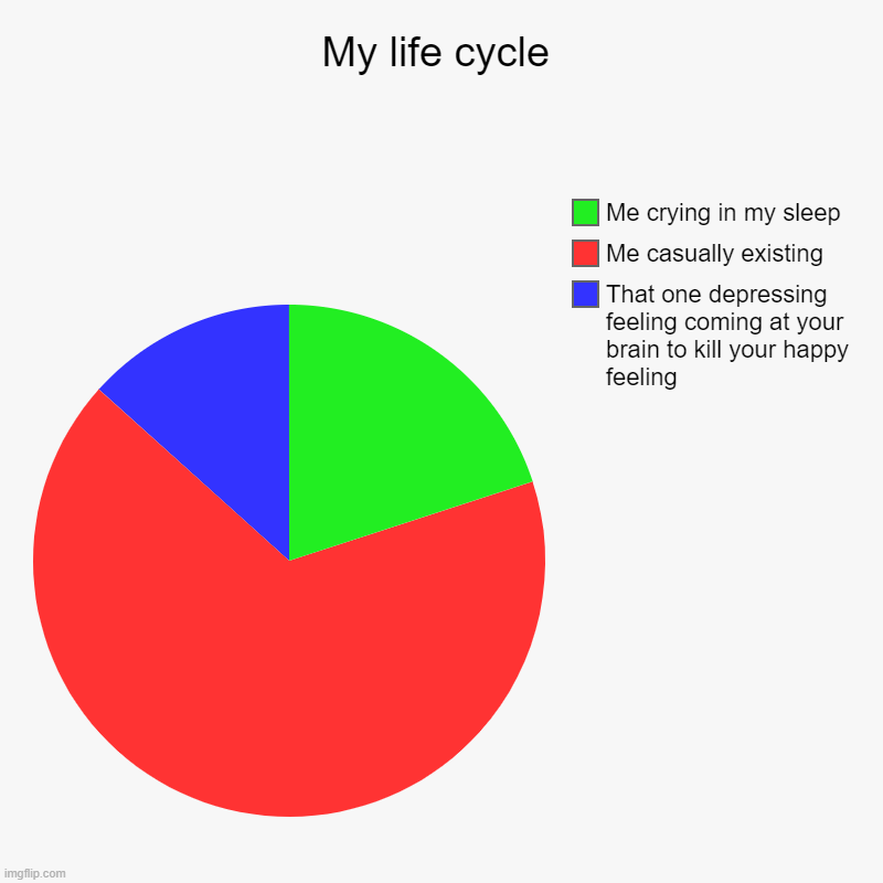 life cycle | My life cycle | That one depressing feeling coming at your brain to kill your happy feeling, Me casually existing, Me crying in my sleep | image tagged in charts,pie charts | made w/ Imgflip chart maker