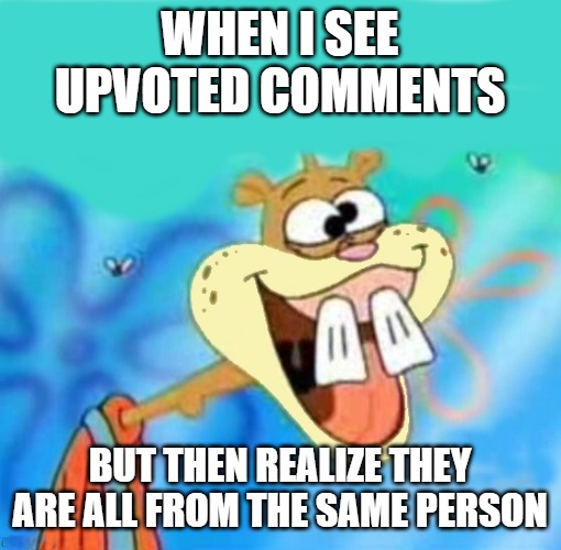 WHEN I SEE UPVOTED COMMENTS; BUT THEN REALIZE THEY ARE ALL FROM THE SAME PERSON | image tagged in stupid | made w/ Imgflip meme maker
