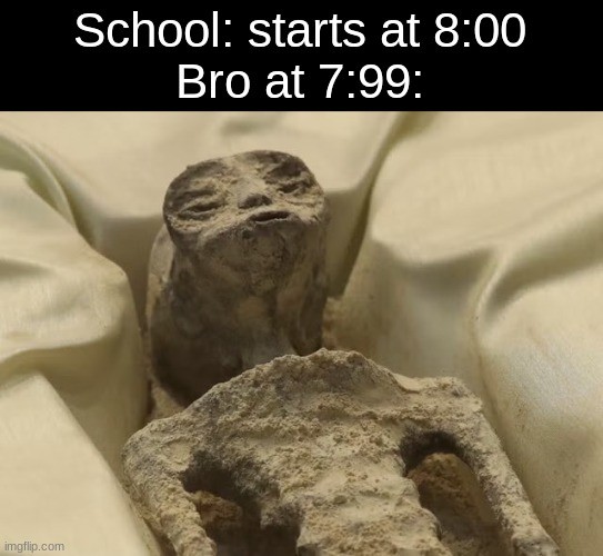 ball named zack | School: starts at 8:00
Bro at 7:99: | image tagged in mexican alien | made w/ Imgflip meme maker