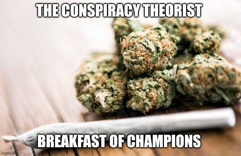 Conspiracy breakfast of champions | THE CONSPIRACY THEORIST; BREAKFAST OF CHAMPIONS | image tagged in pot,marijuana | made w/ Imgflip meme maker