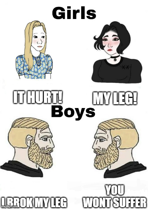 Girls vs Boys | IT HURT! MY LEG! YOU WONT SUFFER; I BROK MY LEG | image tagged in girls vs boys | made w/ Imgflip meme maker