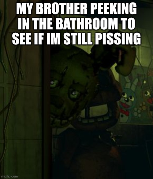 springtrap in door | MY BROTHER PEEKING IN THE BATHROOM TO SEE IF IM STILL PISSING | image tagged in springtrap in door | made w/ Imgflip meme maker