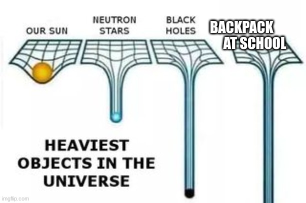 heaviest objects | BACKPACK          
                                                                             AT SCHOOL | image tagged in heaviest objects | made w/ Imgflip meme maker