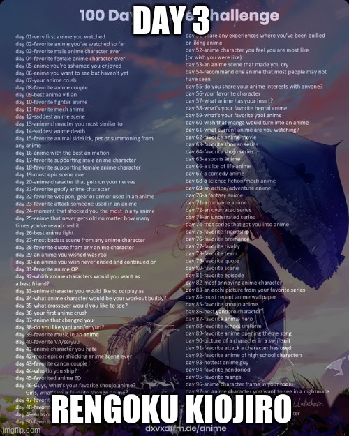 100 day anime challenge | DAY 3; RENGOKU KIOJIRO | image tagged in 100 day anime challenge | made w/ Imgflip meme maker