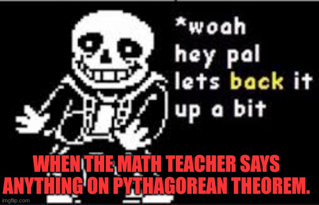 woah hey pal lets back it up a bit | WHEN THE MATH TEACHER SAYS ANYTHING ON PYTHAGOREAN THEOREM. | image tagged in woah hey pal lets back it up a bit,math,school | made w/ Imgflip meme maker