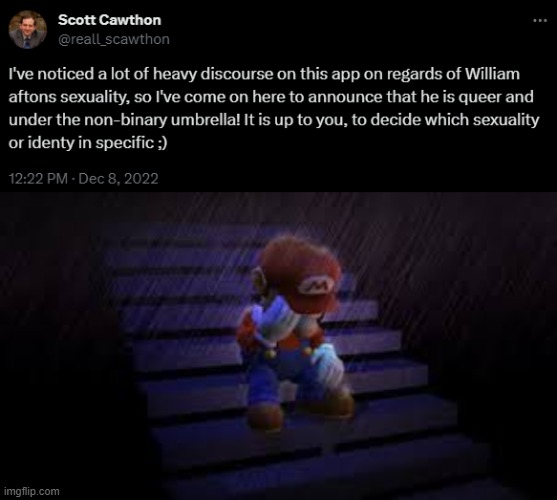 william can indeed be gay for henry in canon | image tagged in sad mario,sad,fnaf,william afton | made w/ Imgflip meme maker