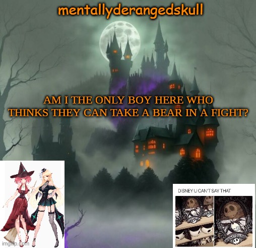 AM I THE ONLY BOY HERE WHO THINKS THEY CAN TAKE A BEAR IN A FIGHT? | image tagged in mentallyderangedskull | made w/ Imgflip meme maker