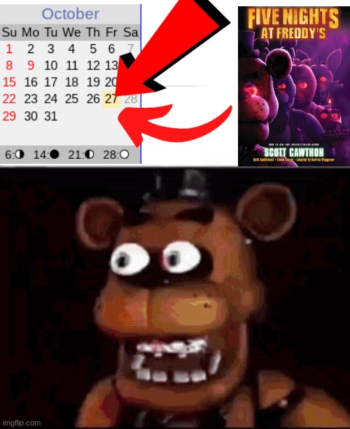 Fnaf movie's out | image tagged in shocked freddy fazbear | made w/ Imgflip meme maker