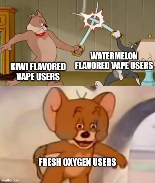 Oxygen is the best, and not stupid L+ratio vape | WATERMELON FLAVORED VAPE USERS; KIWI FLAVORED VAPE USERS; FRESH OXYGEN USERS | image tagged in tom and spike fighting | made w/ Imgflip meme maker