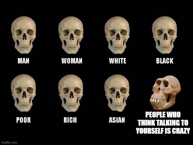 empty skulls of truth | PEOPLE WHO THINK TALKING TO YOURSELF IS CRAZY | image tagged in empty skulls of truth,talking to yourself,crazy | made w/ Imgflip meme maker