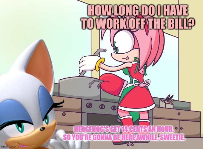HOW LONG DO I HAVE TO WORK OFF THE BILL? HEDGEHOG'S GET 14 CENTS AN HOUR. SO YOU'RE GONNA BE HERE AWHILE, SWEETIE. | made w/ Imgflip meme maker