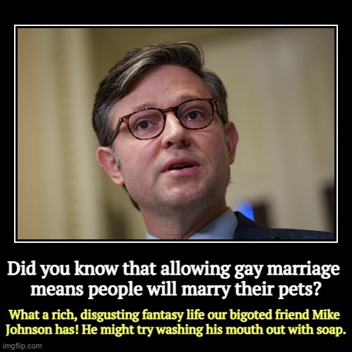 Bigotry on parade, a disgrace to his faith. | Did you know that allowing gay marriage 
means people will marry their pets? | What a rich, disgusting fantasy life our bigoted friend Mike  | image tagged in funny,demotivationals,mike johnson,bigotry,hatred,hysteria | made w/ Imgflip demotivational maker