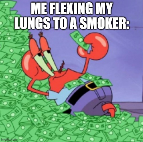 Don't smoke kids | ME FLEXING MY LUNGS TO A SMOKER: | image tagged in flexing money | made w/ Imgflip meme maker
