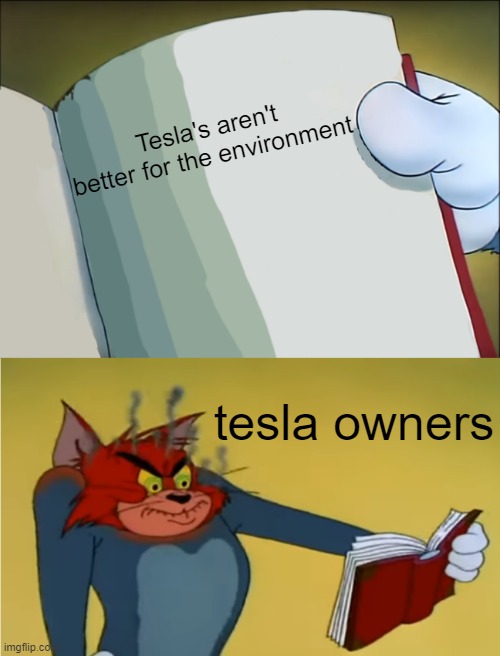 Im srry but its true | Tesla's aren't better for the environment; tesla owners | image tagged in angry tom reading book | made w/ Imgflip meme maker