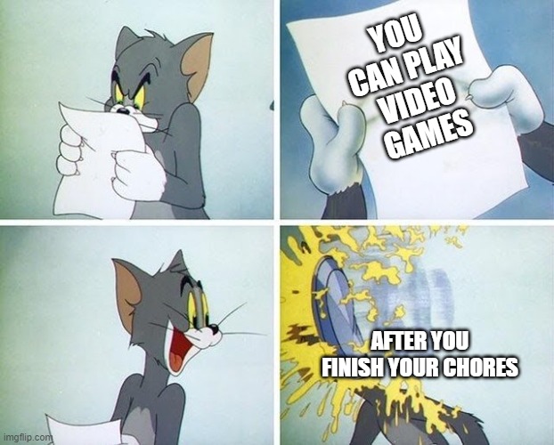 bruh | YOU CAN PLAY VIDEO GAMES; AFTER YOU FINISH YOUR CHORES | image tagged in tom and jerry custard pie | made w/ Imgflip meme maker