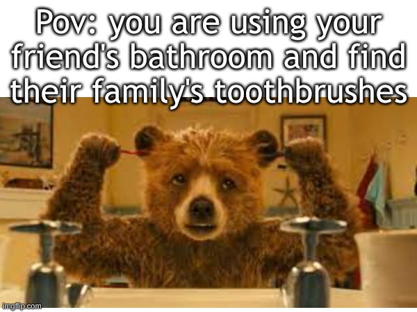 e | Pov: you are using your friend's bathroom and find their family's toothbrushes | image tagged in bear | made w/ Imgflip meme maker