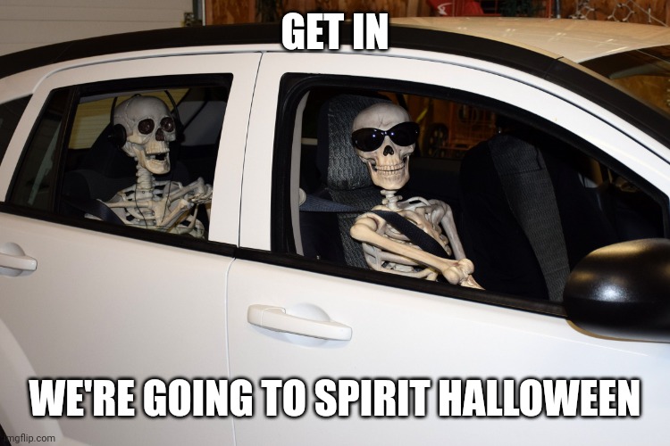 Skeletons in car | GET IN WE'RE GOING TO SPIRIT HALLOWEEN | image tagged in skeletons in car | made w/ Imgflip meme maker