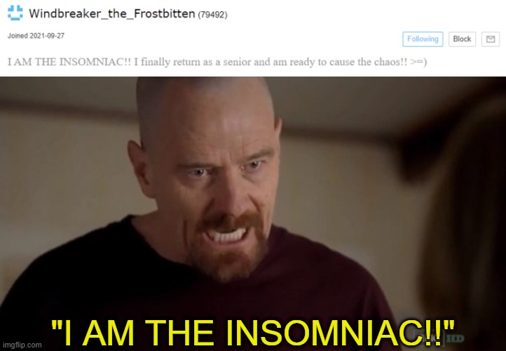 "I AM THE INSOMNIAC!!" | image tagged in i am the one who knocks | made w/ Imgflip meme maker
