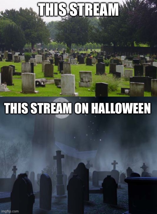 Dead stream | THIS STREAM; THIS STREAM ON HALLOWEEN | image tagged in graveyard,creepy graveyard | made w/ Imgflip meme maker
