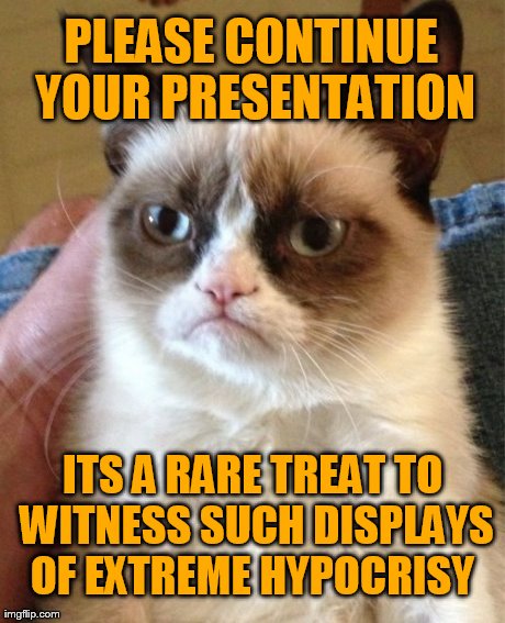 Grumpy Cat | PLEASE CONTINUE YOUR PRESENTATION ITS A RARE TREAT TO WITNESS SUCH DISPLAYS OF EXTREME HYPOCRISY | image tagged in memes,grumpy cat | made w/ Imgflip meme maker