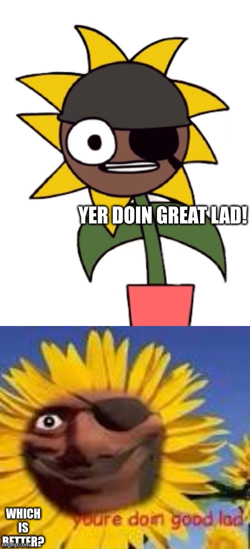 whats better? | YER DOIN GREAT LAD! WHICH IS BETTER? | image tagged in demoflower | made w/ Imgflip meme maker