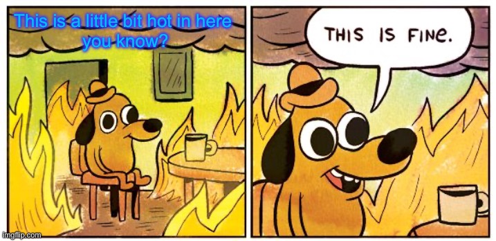 This Is Fine | This is a little bit hot in here 
you know? | image tagged in memes,this is fine | made w/ Imgflip meme maker