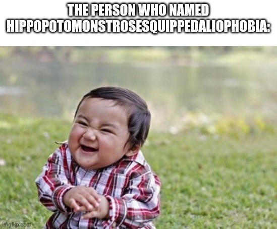 Its the fear of LONG WORDS. | THE PERSON WHO NAMED HIPPOPOTOMONSTROSESQUIPPEDALIOPHOBIA: | image tagged in hippopotomonstrosesquippedaliophobia,evil,oh no | made w/ Imgflip meme maker