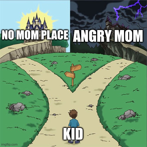 Two Paths | ANGRY MOM; NO MOM PLACE; KID | image tagged in two paths | made w/ Imgflip meme maker