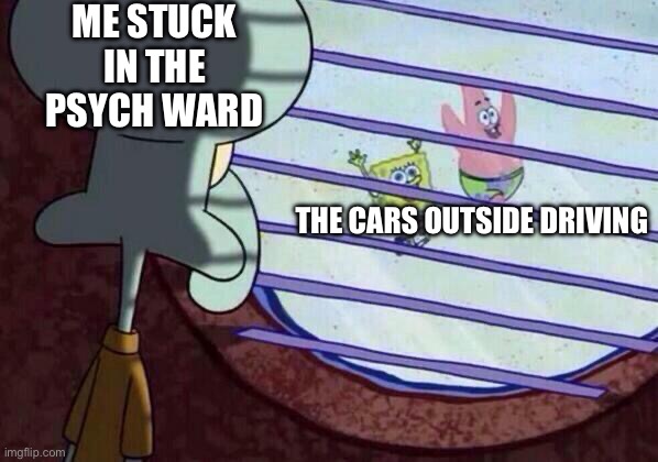 Psych Wards | ME STUCK IN THE PSYCH WARD; THE CARS OUTSIDE DRIVING | image tagged in squidward window,mental illness,mental hospital,psych ward | made w/ Imgflip meme maker