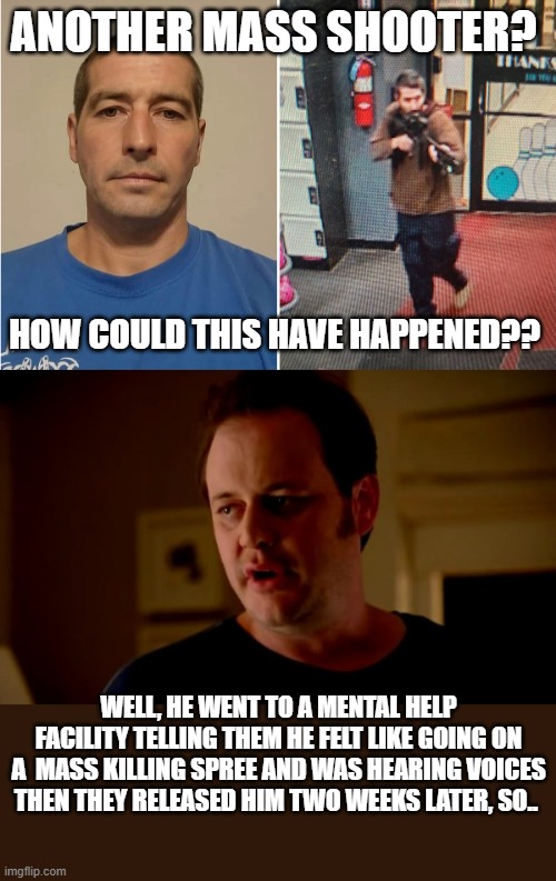 He told them .. he wanted to kill and was hearing voices.. they let him go. | ANOTHER MASS SHOOTER? HOW COULD THIS HAVE HAPPENED?? WELL, HE WENT TO A MENTAL HELP FACILITY TELLING THEM HE FELT LIKE GOING ON A  MASS KILLING SPREE AND WAS HEARING VOICES THEN THEY RELEASED HIM TWO WEEKS LATER, SO.. | image tagged in jake from state farm,mental illness,tragic,political meme,truth | made w/ Imgflip meme maker