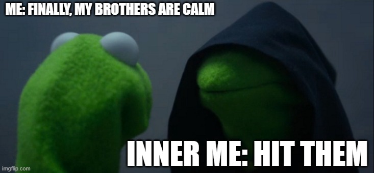 Hit them | ME: FINALLY, MY BROTHERS ARE CALM; INNER ME: HIT THEM | image tagged in memes,evil kermit | made w/ Imgflip meme maker