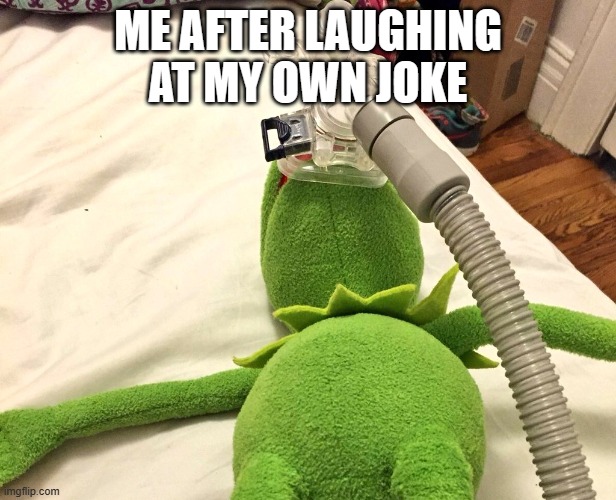 DIES | ME AFTER LAUGHING AT MY OWN JOKE | image tagged in kermit on respirator | made w/ Imgflip meme maker