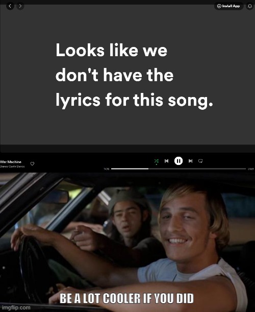 No lyrics on Spotify | BE A LOT COOLER IF YOU DID | image tagged in it'd be a lot cooler if you did | made w/ Imgflip meme maker