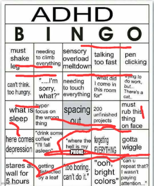 adhd bingo | PHONE | image tagged in adhd bingo | made w/ Imgflip meme maker