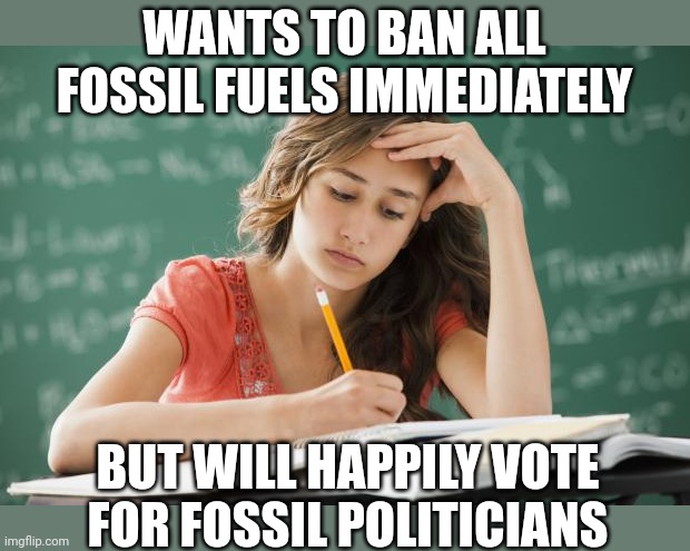 If there is one fossil that should be banned, it should be fossil politicians! | WANTS TO BAN ALL FOSSIL FUELS IMMEDIATELY; BUT WILL HAPPILY VOTE FOR FOSSIL POLITICIANS | image tagged in frustrated college student,voting,expectation vs reality,real life,political humor,the truth | made w/ Imgflip meme maker